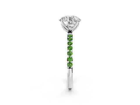 White gold Round Cut Diamond Solitaire Engagement Ring with Round with Peridot side stone Pavé Band and Prong Setting_2