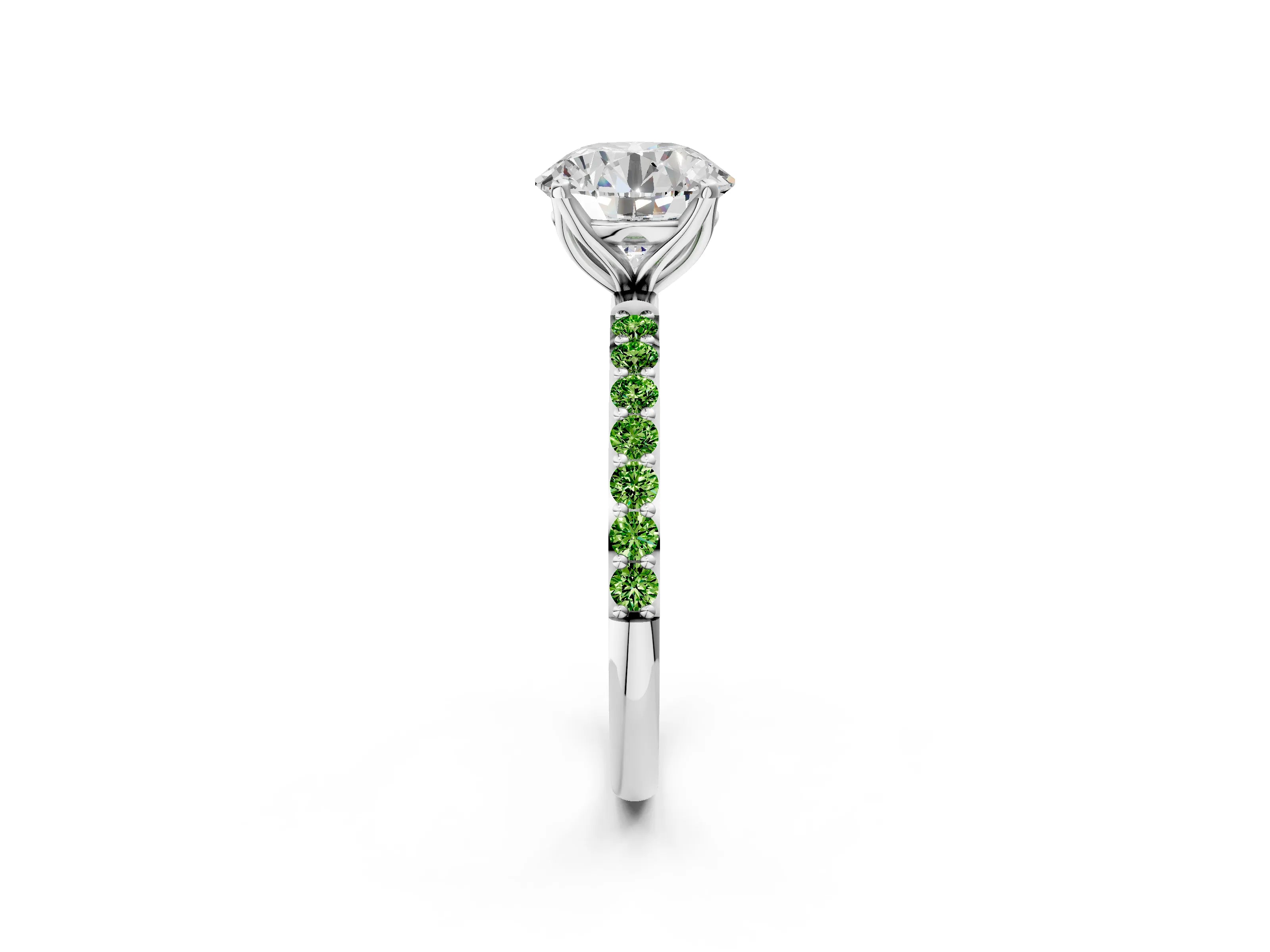 White gold Round Cut Diamond Solitaire Engagement Ring with Round with Peridot side stone Pavé Band and Prong Setting_2