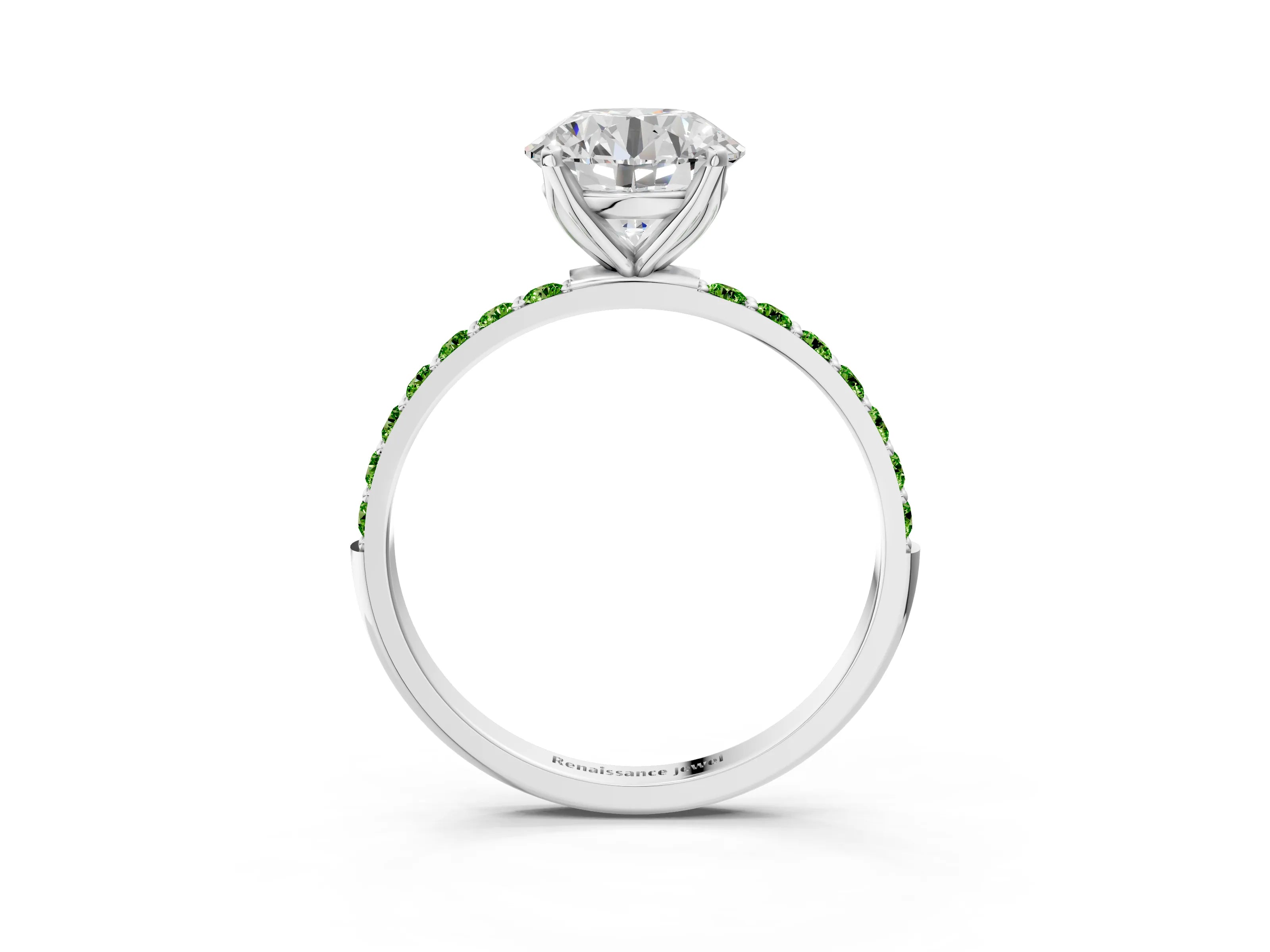 White gold Round Cut Diamond Solitaire Engagement Ring with Round with Peridot side stone Pavé Band and Prong Setting_3