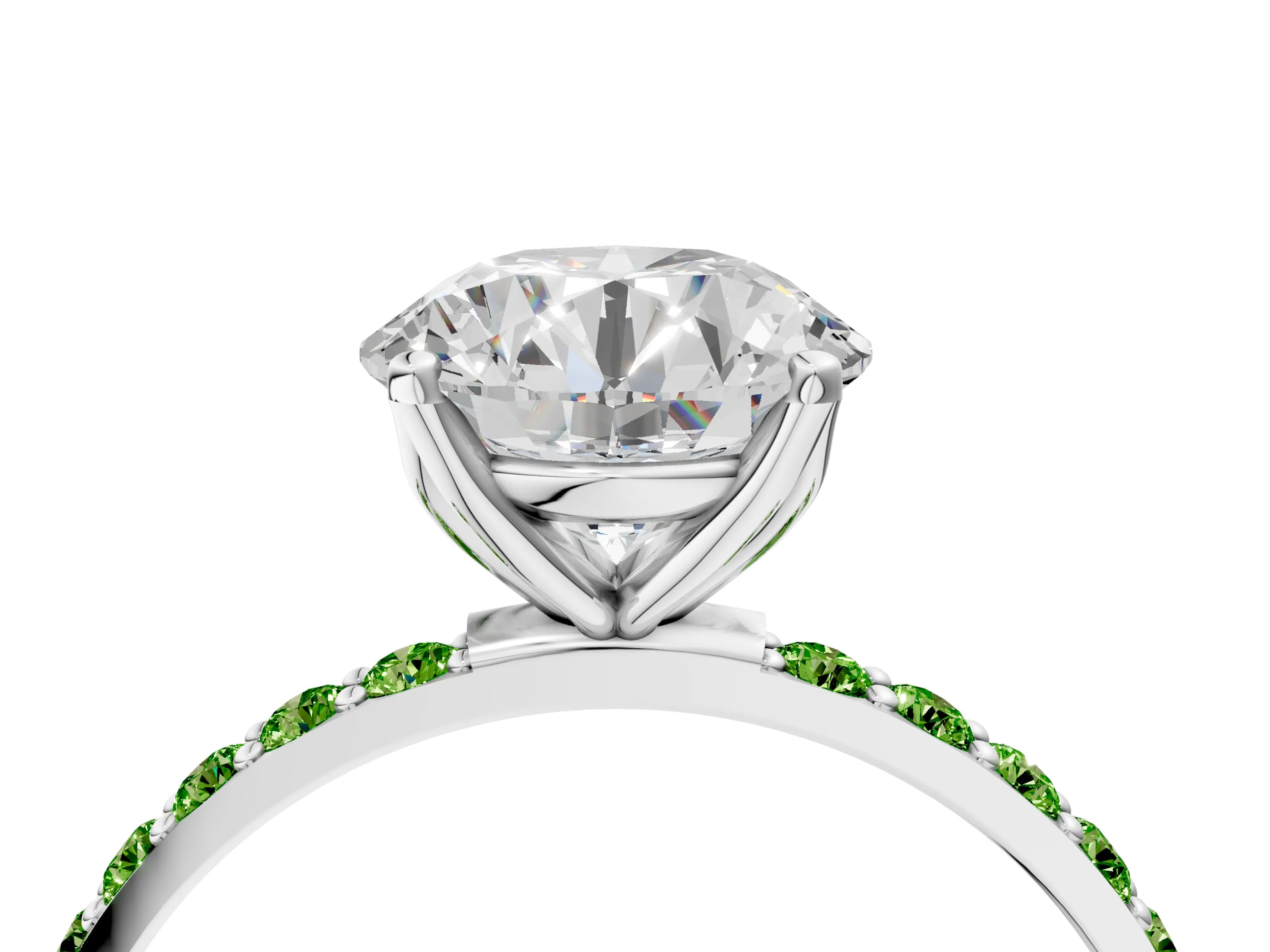White gold Round Cut Diamond Solitaire Engagement Ring with Round with Peridot side stone Pavé Band and Prong Setting_4