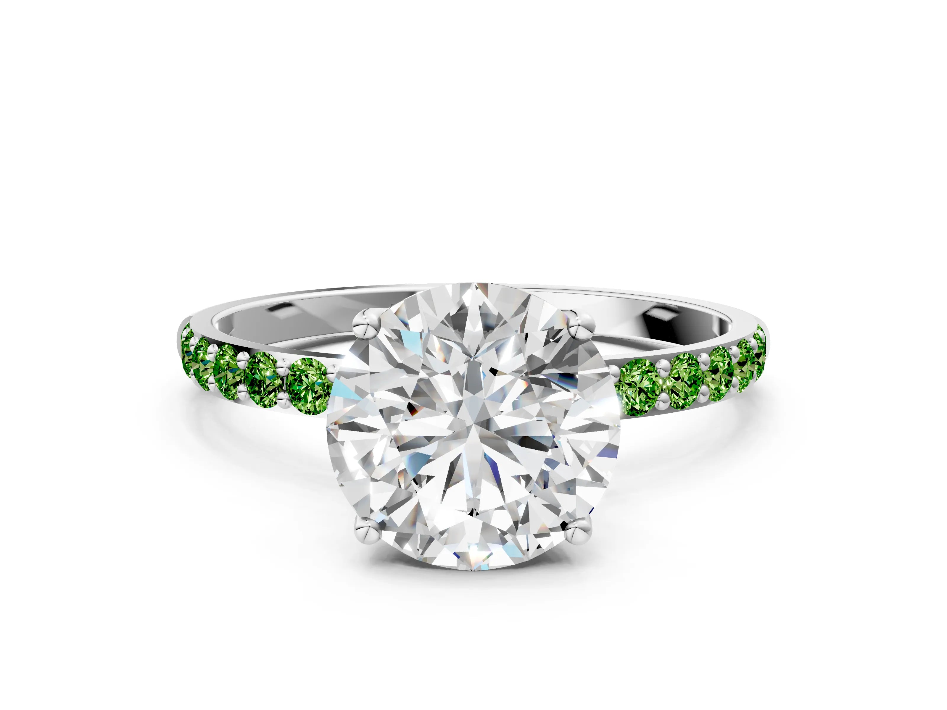 White gold Round Cut Diamond Solitaire Engagement Ring with Round with Peridot side stone Pavé Band and Prong Setting_42