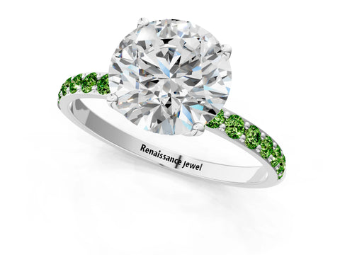 White gold Round Cut Diamond Solitaire Engagement Ring with Round with Peridot side stone Pavé Band and Prong Setting_43