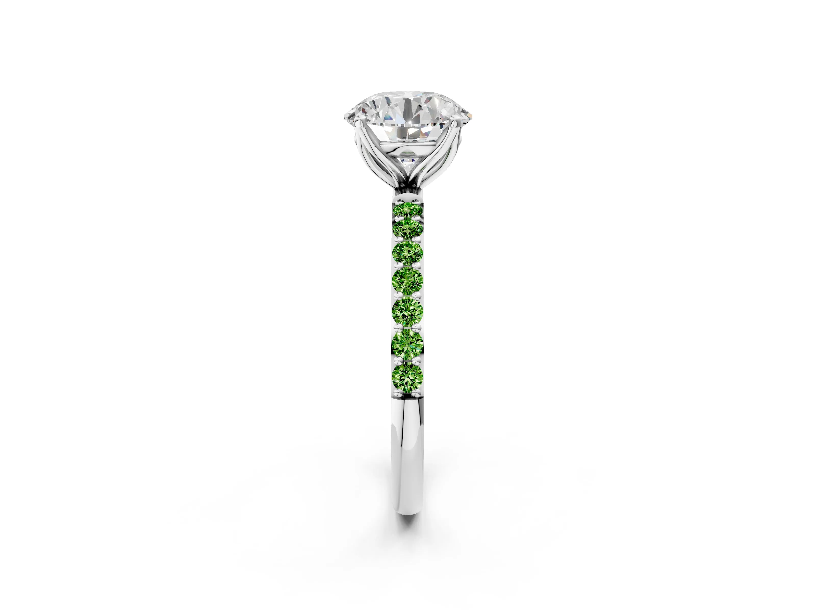 White gold Round Cut Diamond Solitaire Engagement Ring with Round with Peridot side stone Pavé Band and Prong Setting_44