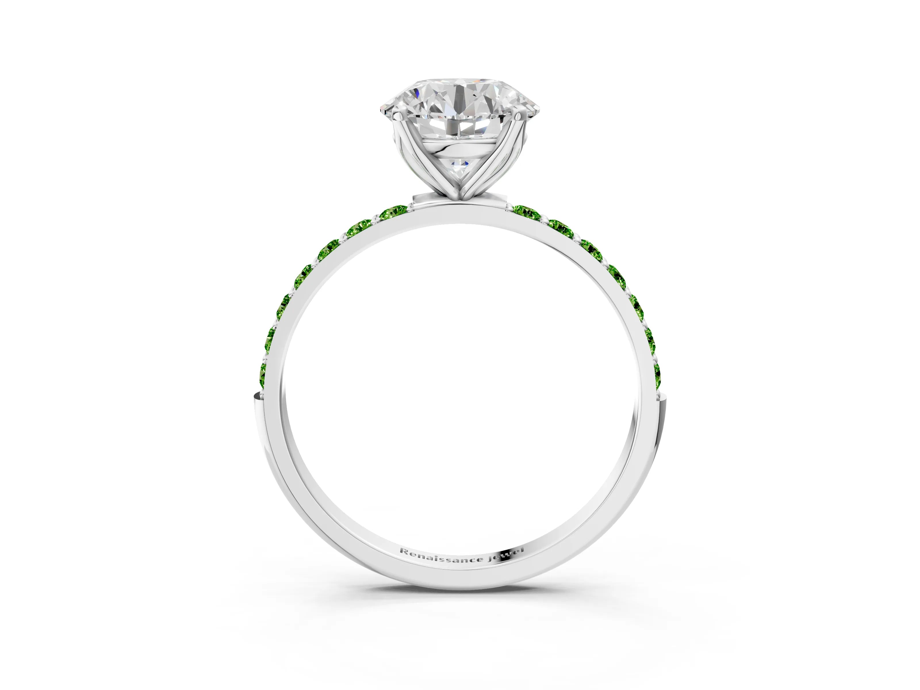 White gold Round Cut Diamond Solitaire Engagement Ring with Round with Peridot side stone Pavé Band and Prong Setting_45