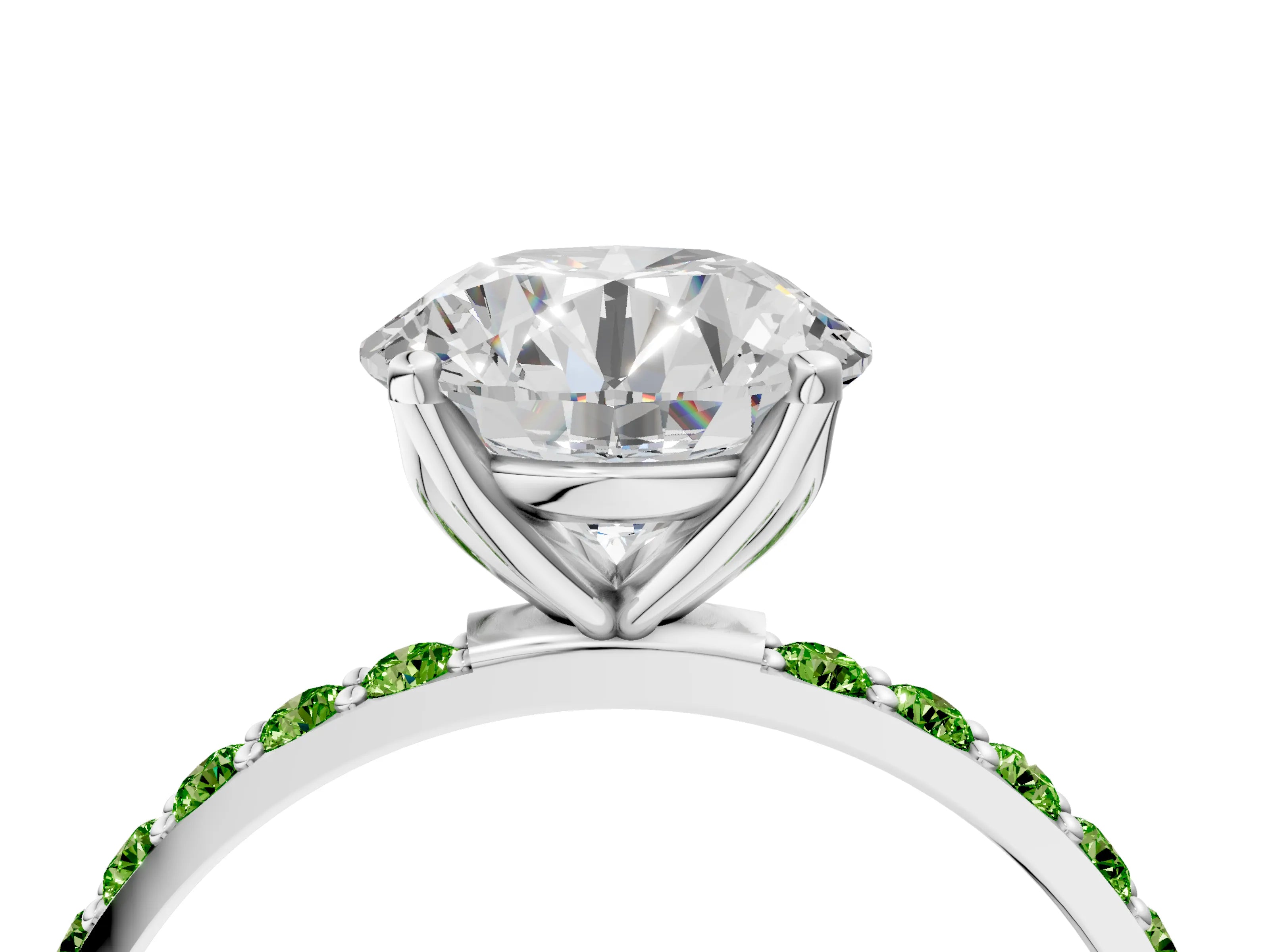White gold Round Cut Diamond Solitaire Engagement Ring with Round with Peridot side stone Pavé Band and Prong Setting_46