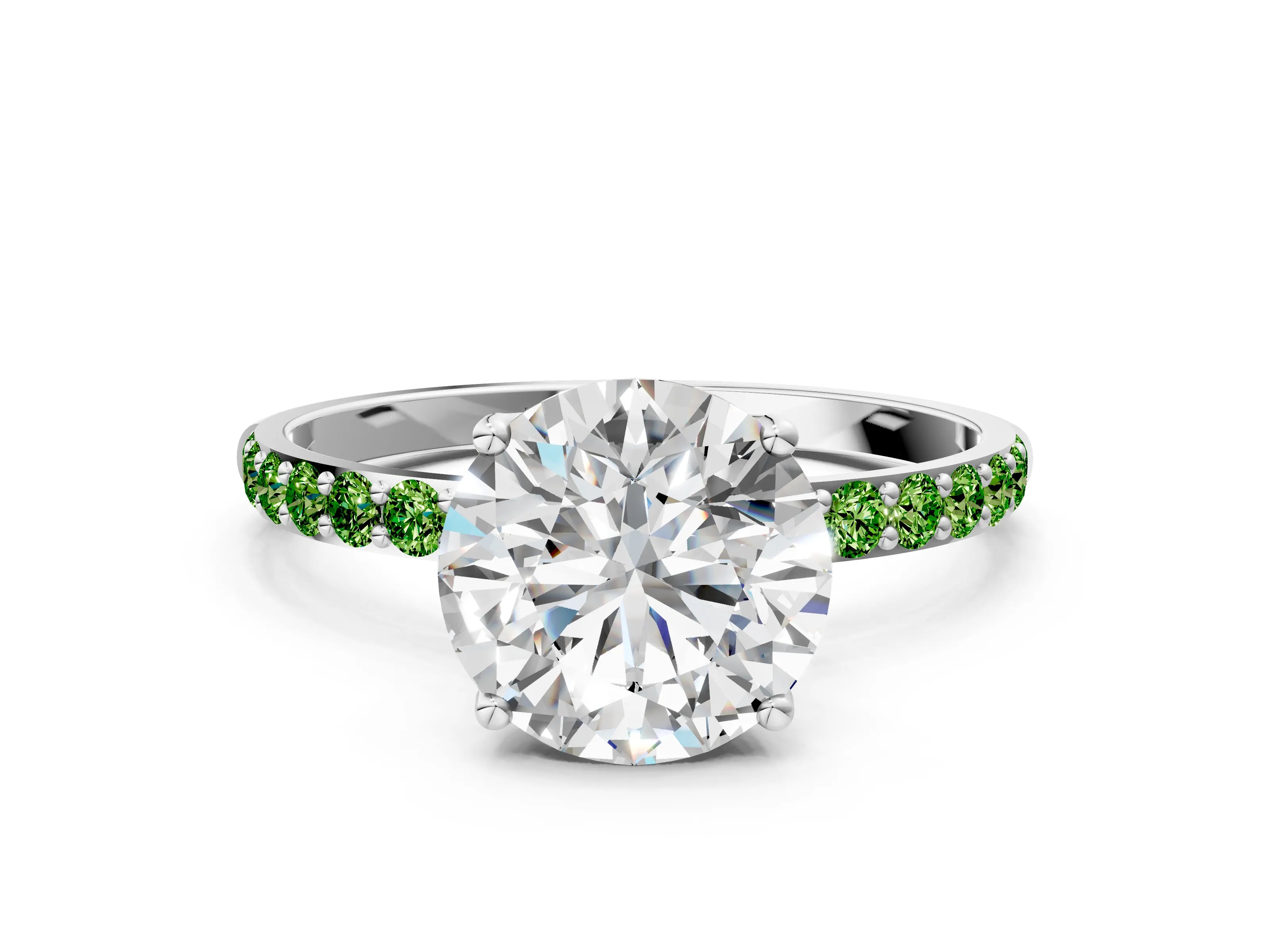 White gold Round Cut Diamond Solitaire Engagement Ring with Round with Peridot side stone Pavé Band and Prong Setting