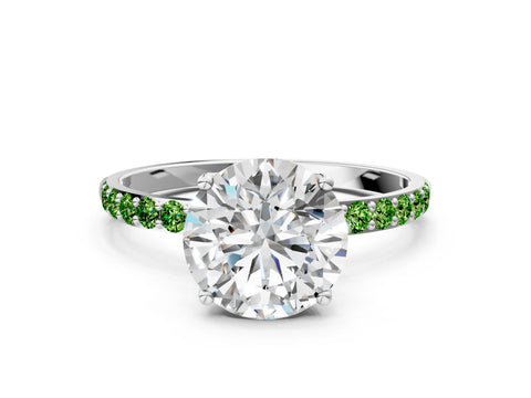 White gold Round Cut Diamond Solitaire Engagement Ring with Round with Peridot side stone Pavé Band and Prong Setting
