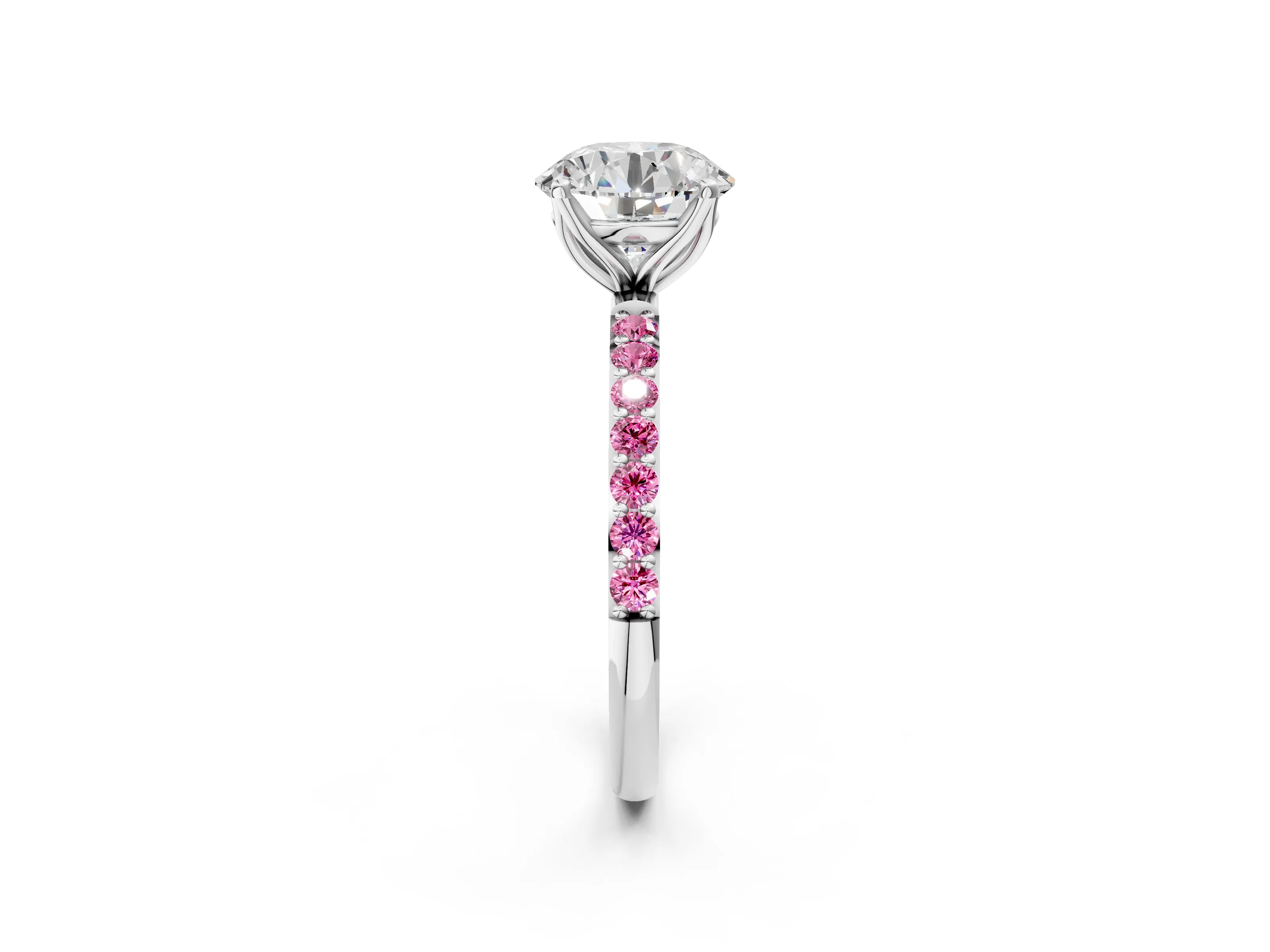 White gold Round Cut Diamond Solitaire Engagement Ring with Round with Pink Sapphire side stone Pavé Band and Prong Setting_14