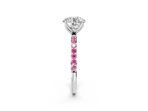 White gold Round Cut Diamond Solitaire Engagement Ring with Round with Pink Sapphire side stone Pavé Band and Prong Setting_14