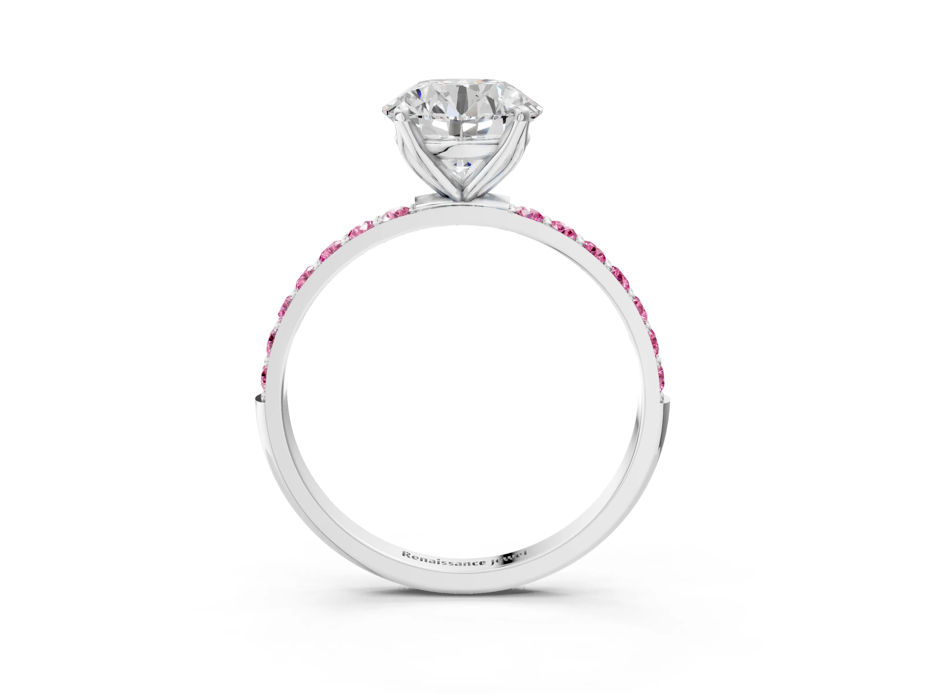 White gold Round Cut Diamond Solitaire Engagement Ring with Round with Pink Sapphire side stone Pavé Band and Prong Setting_15
