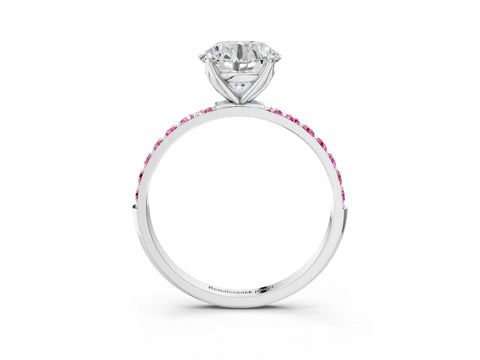 White gold Round Cut Diamond Solitaire Engagement Ring with Round with Pink Sapphire side stone Pavé Band and Prong Setting_15