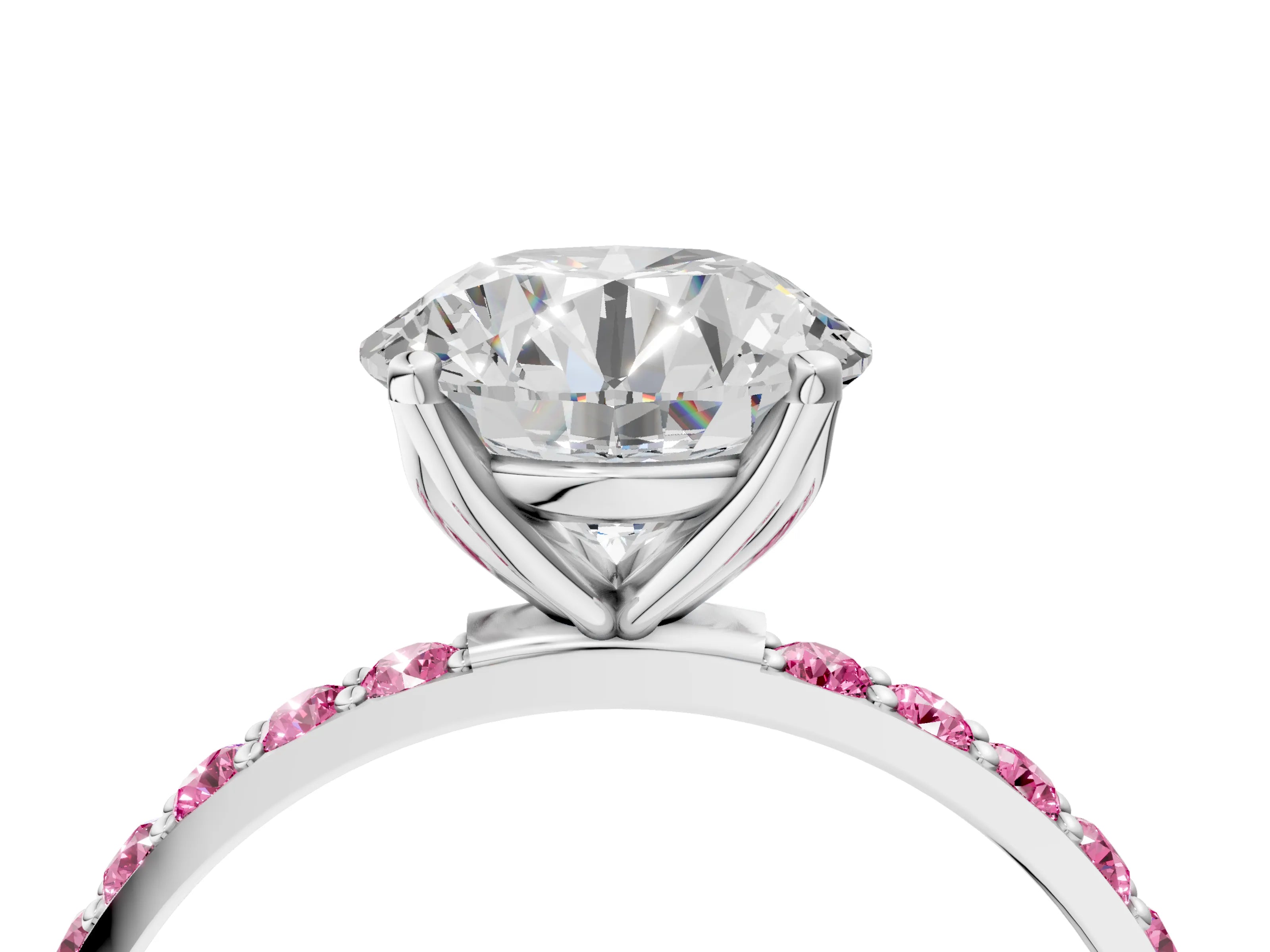 White gold Round Cut Diamond Solitaire Engagement Ring with Round with Pink Sapphire side stone Pavé Band and Prong Setting_16