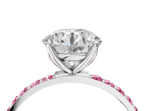 White gold Round Cut Diamond Solitaire Engagement Ring with Round with Pink Sapphire side stone Pavé Band and Prong Setting_16
