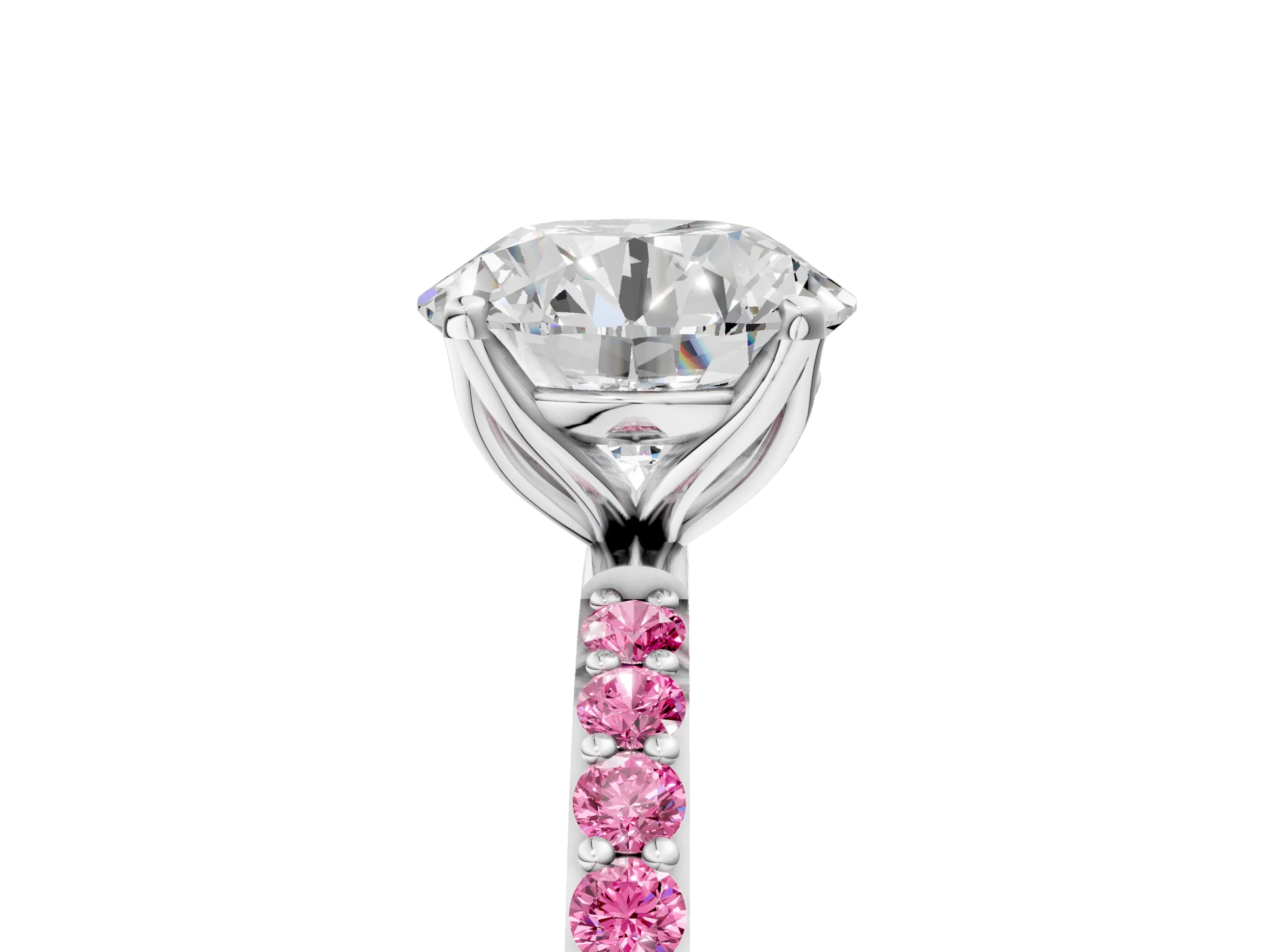 White gold Round Cut Diamond Solitaire Engagement Ring with Round with Pink Sapphire side stone Pavé Band and Prong Setting_17