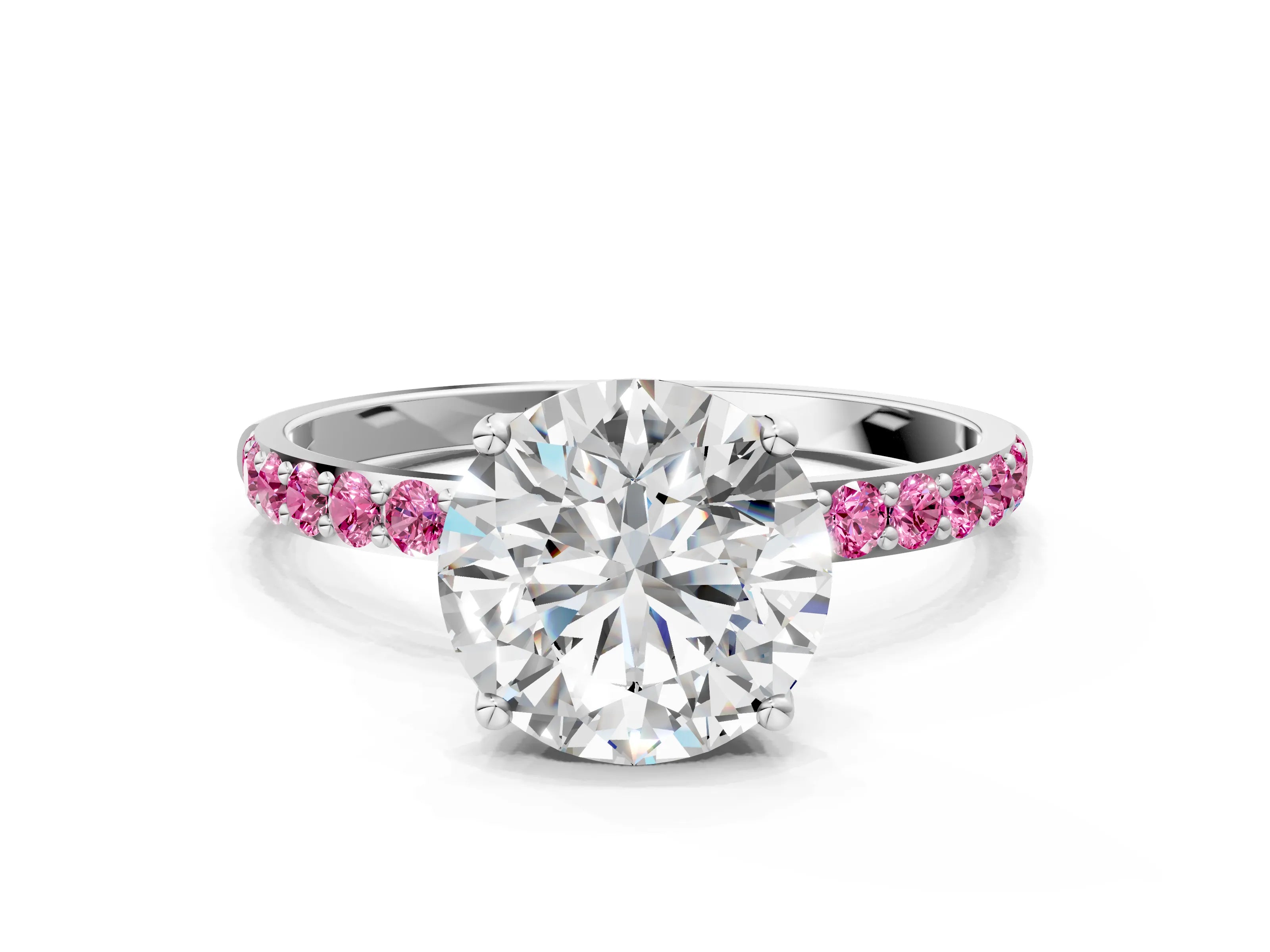 White gold Round Cut Diamond Solitaire Engagement Ring with Round with Pink Sapphire side stone Pavé Band and Prong Setting_66