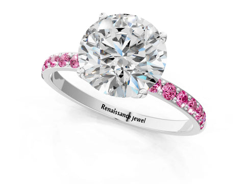 White gold Round Cut Diamond Solitaire Engagement Ring with Round with Pink Sapphire side stone Pavé Band and Prong Setting_67