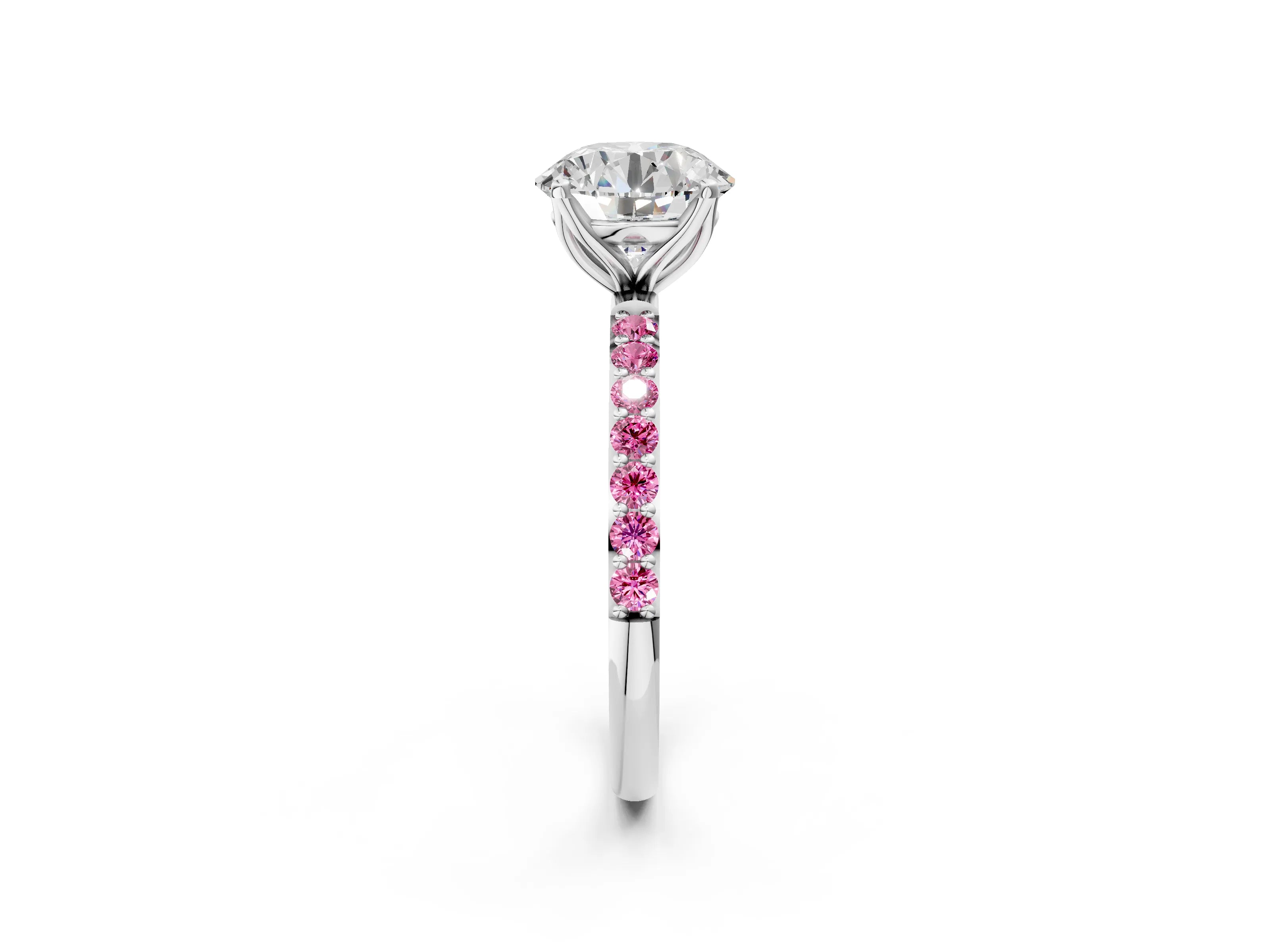 White gold Round Cut Diamond Solitaire Engagement Ring with Round with Pink Sapphire side stone Pavé Band and Prong Setting_68