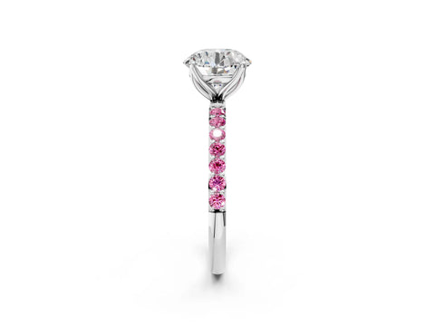White gold Round Cut Diamond Solitaire Engagement Ring with Round with Pink Sapphire side stone Pavé Band and Prong Setting_68