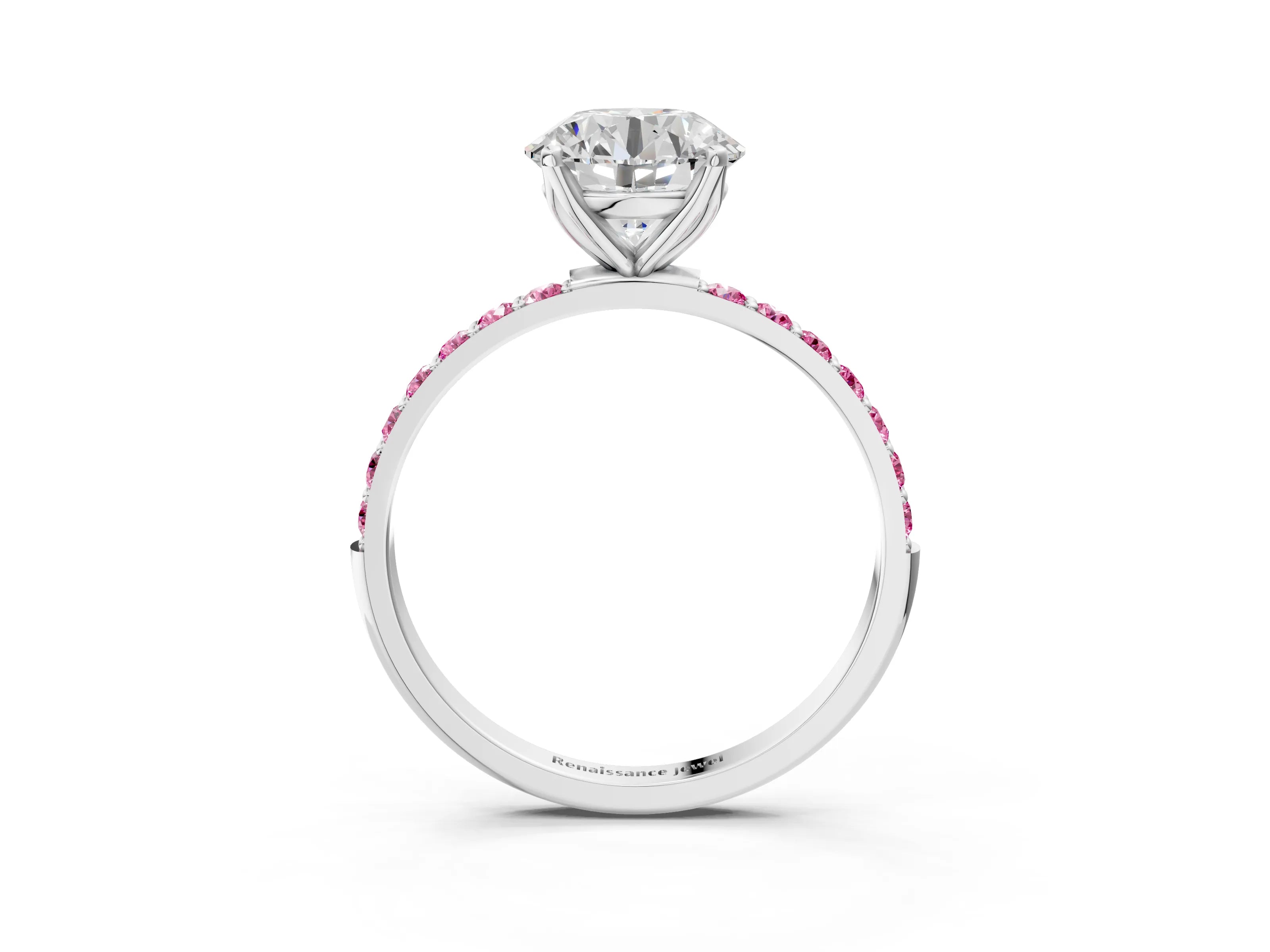 White gold Round Cut Diamond Solitaire Engagement Ring with Round with Pink Sapphire side stone Pavé Band and Prong Setting_69