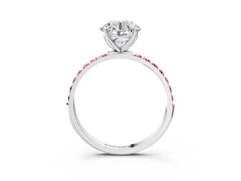 White gold Round Cut Diamond Solitaire Engagement Ring with Round with Pink Sapphire side stone Pavé Band and Prong Setting_69