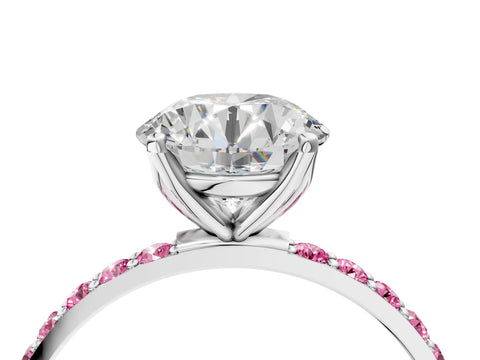 White gold Round Cut Diamond Solitaire Engagement Ring with Round with Pink Sapphire side stone Pavé Band and Prong Setting_70