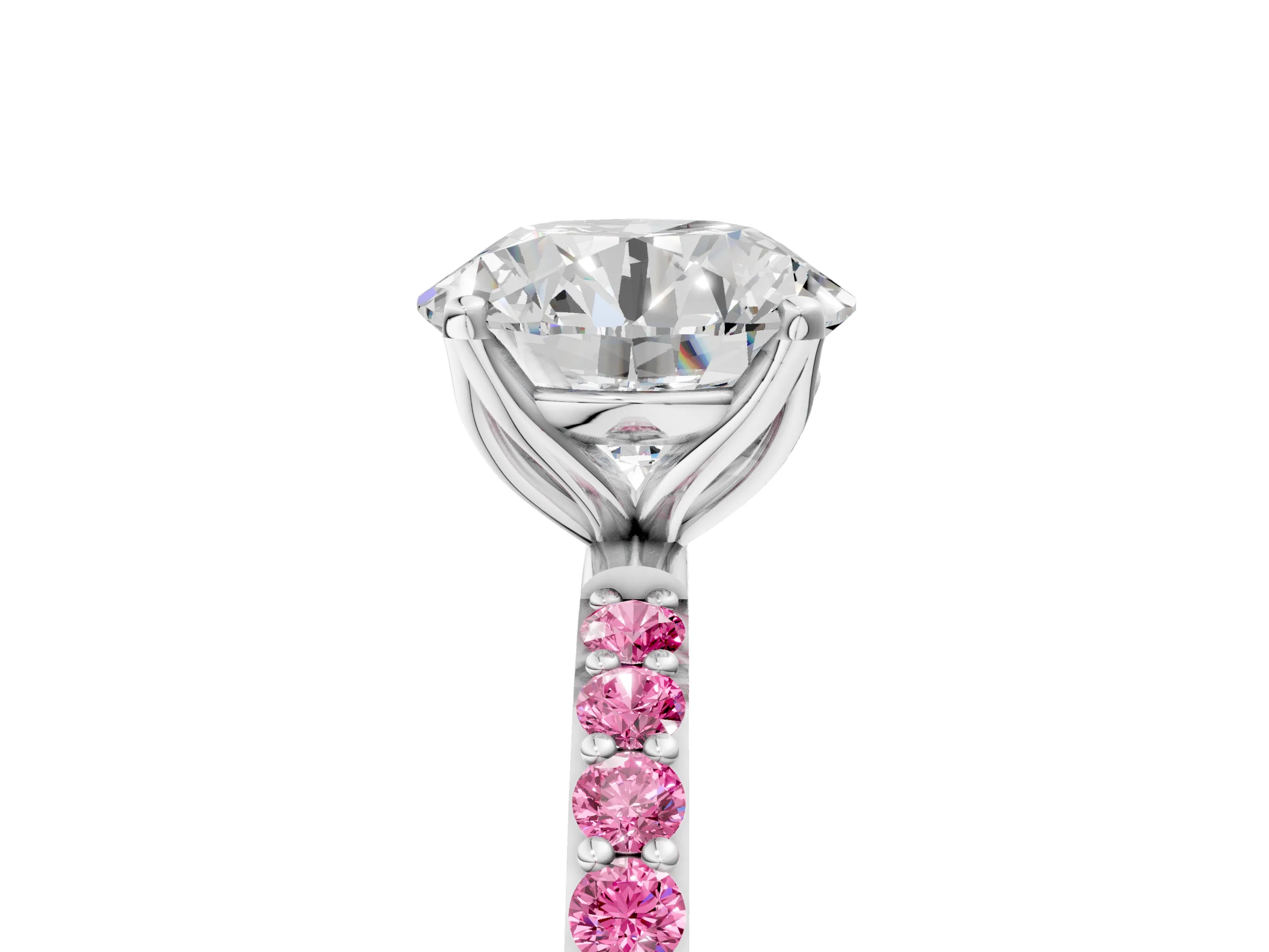 White gold Round Cut Diamond Solitaire Engagement Ring with Round with Pink Sapphire side stone Pavé Band and Prong Setting_71