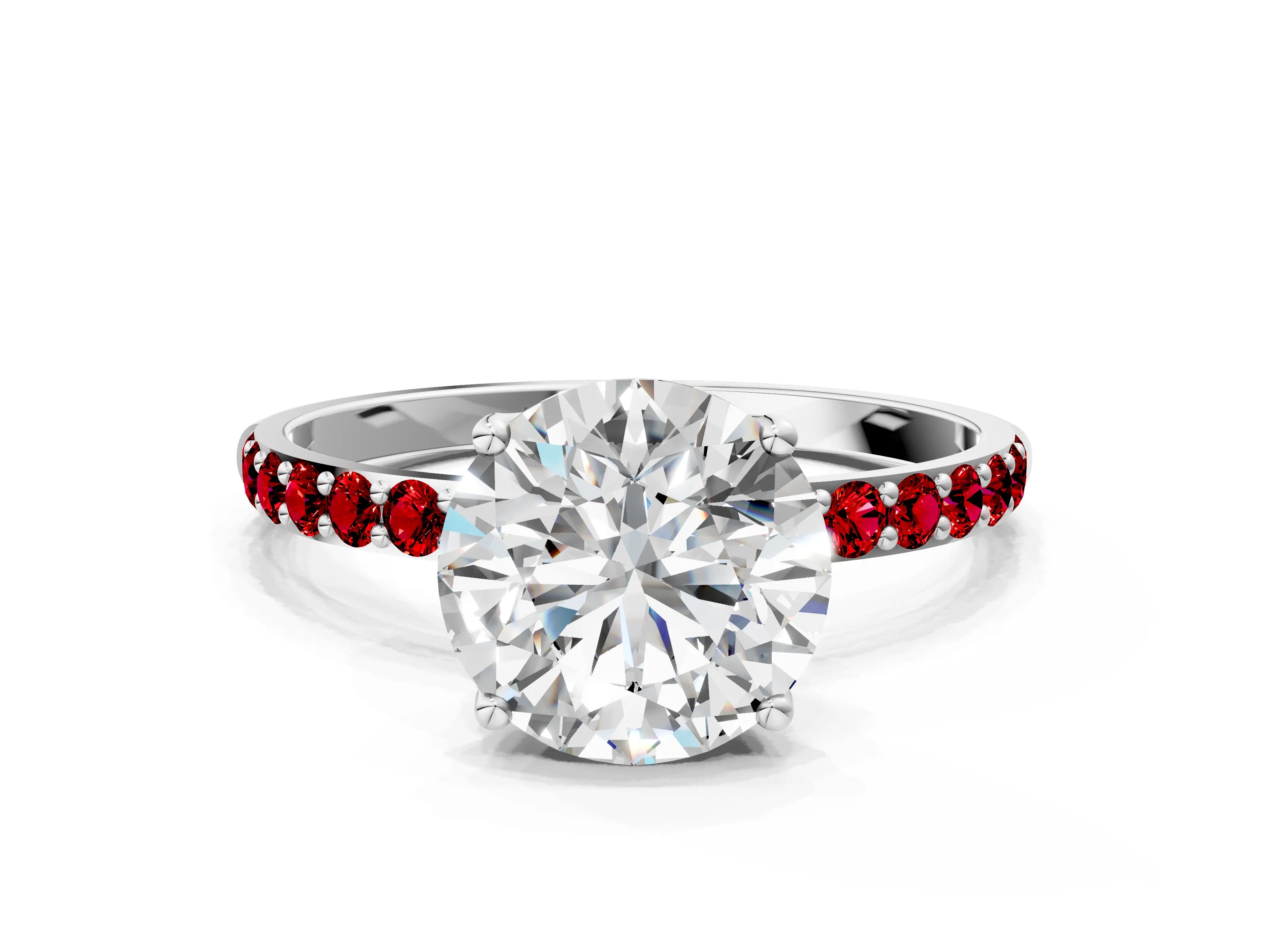 White gold Round Cut Diamond Solitaire Engagement Ring with Round with Ruby side stone Pavé Band and Prong Setting_12
