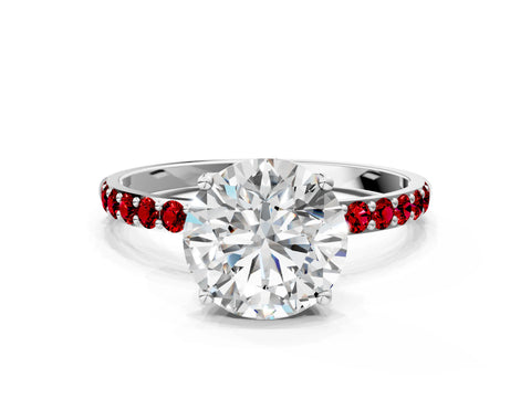 White gold Round Cut Diamond Solitaire Engagement Ring with Round with Ruby side stone Pavé Band and Prong Setting_12