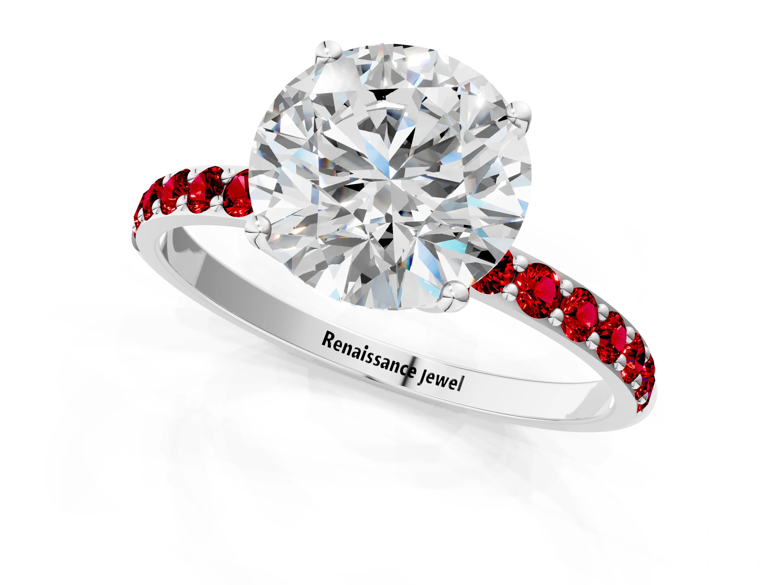 White gold Round Cut Diamond Solitaire Engagement Ring with Round with Ruby side stone Pavé Band and Prong Setting_13