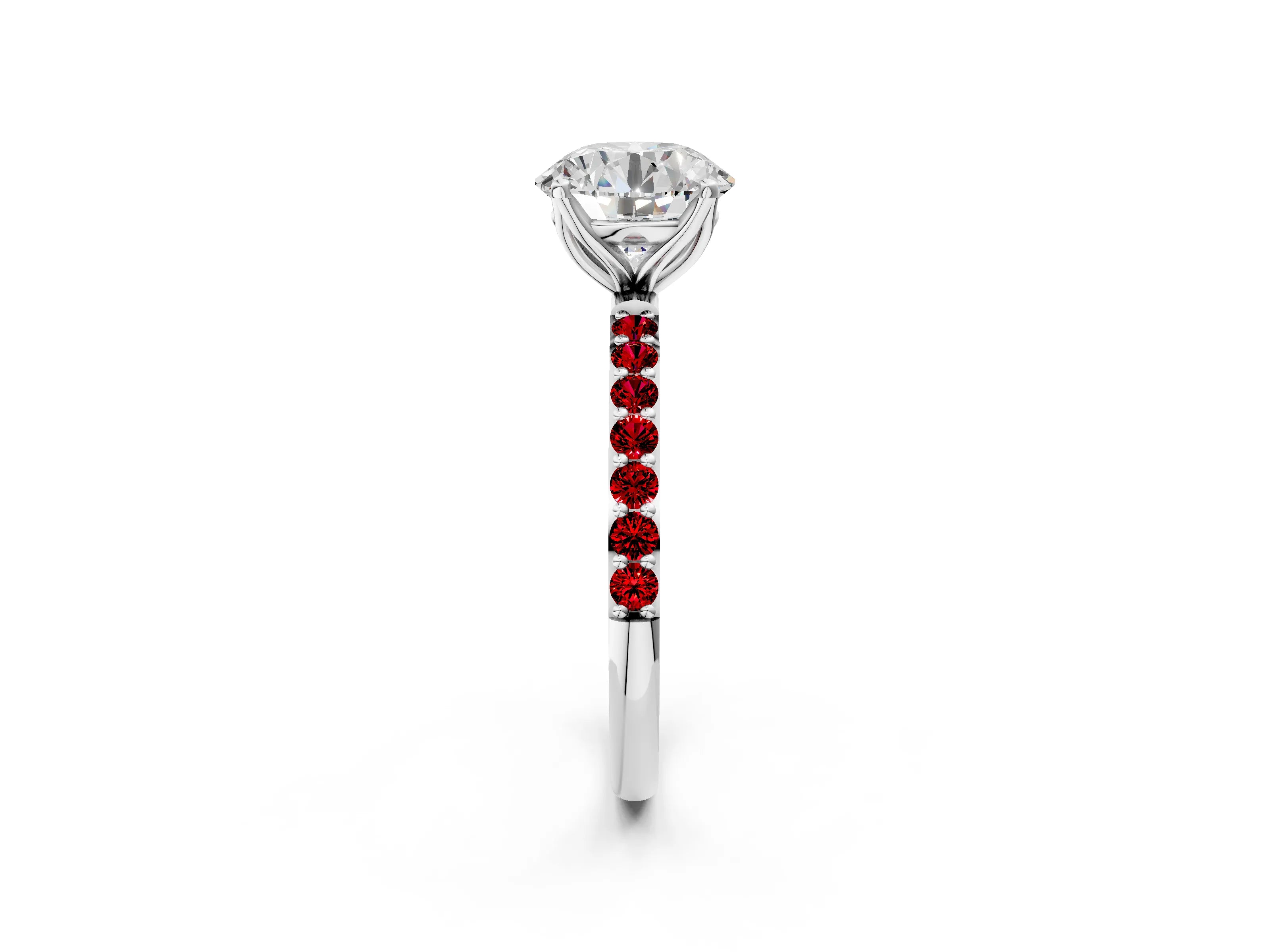 White gold Round Cut Diamond Solitaire Engagement Ring with Round with Ruby side stone Pavé Band and Prong Setting_14