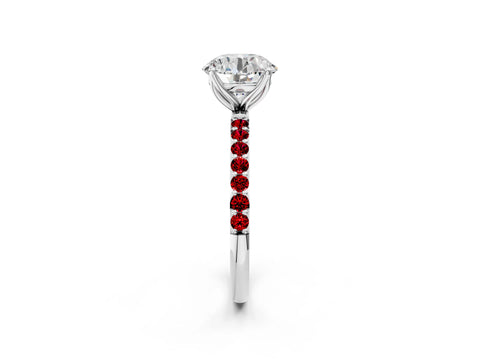 White gold Round Cut Diamond Solitaire Engagement Ring with Round with Ruby side stone Pavé Band and Prong Setting_146