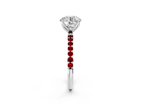 White gold Round Cut Diamond Solitaire Engagement Ring with Round with Ruby side stone Pavé Band and Prong Setting_14
