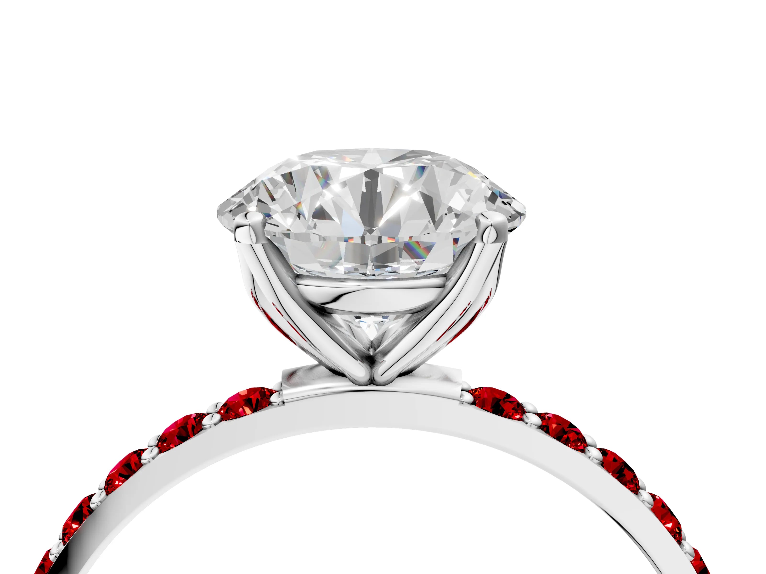 White gold Round Cut Diamond Solitaire Engagement Ring with Round with Ruby side stone Pavé Band and Prong Setting_16