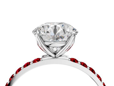 White gold Round Cut Diamond Solitaire Engagement Ring with Round with Ruby side stone Pavé Band and Prong Setting_16
