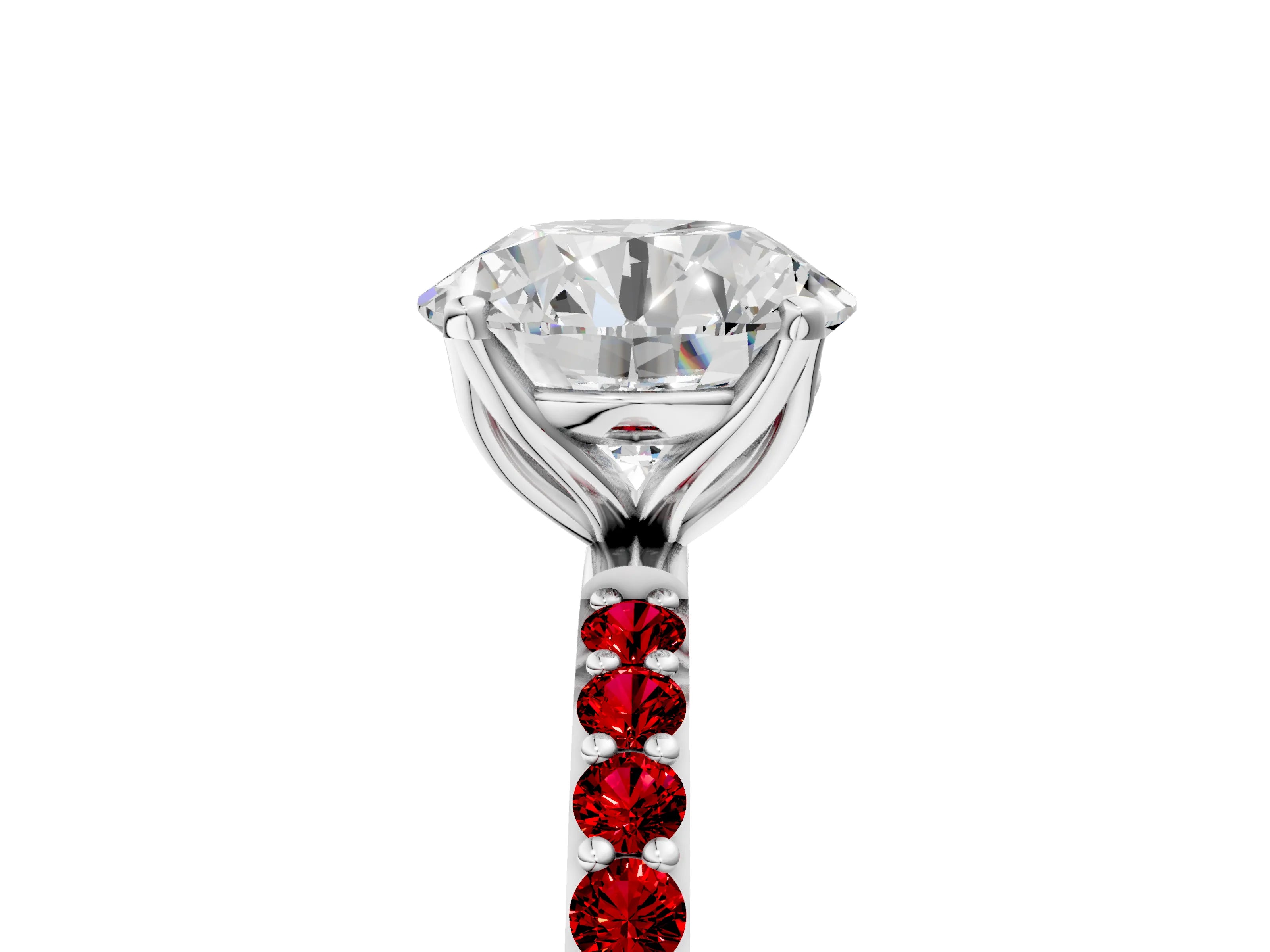 White gold Round Cut Diamond Solitaire Engagement Ring with Round with Ruby side stone Pavé Band and Prong Setting_17