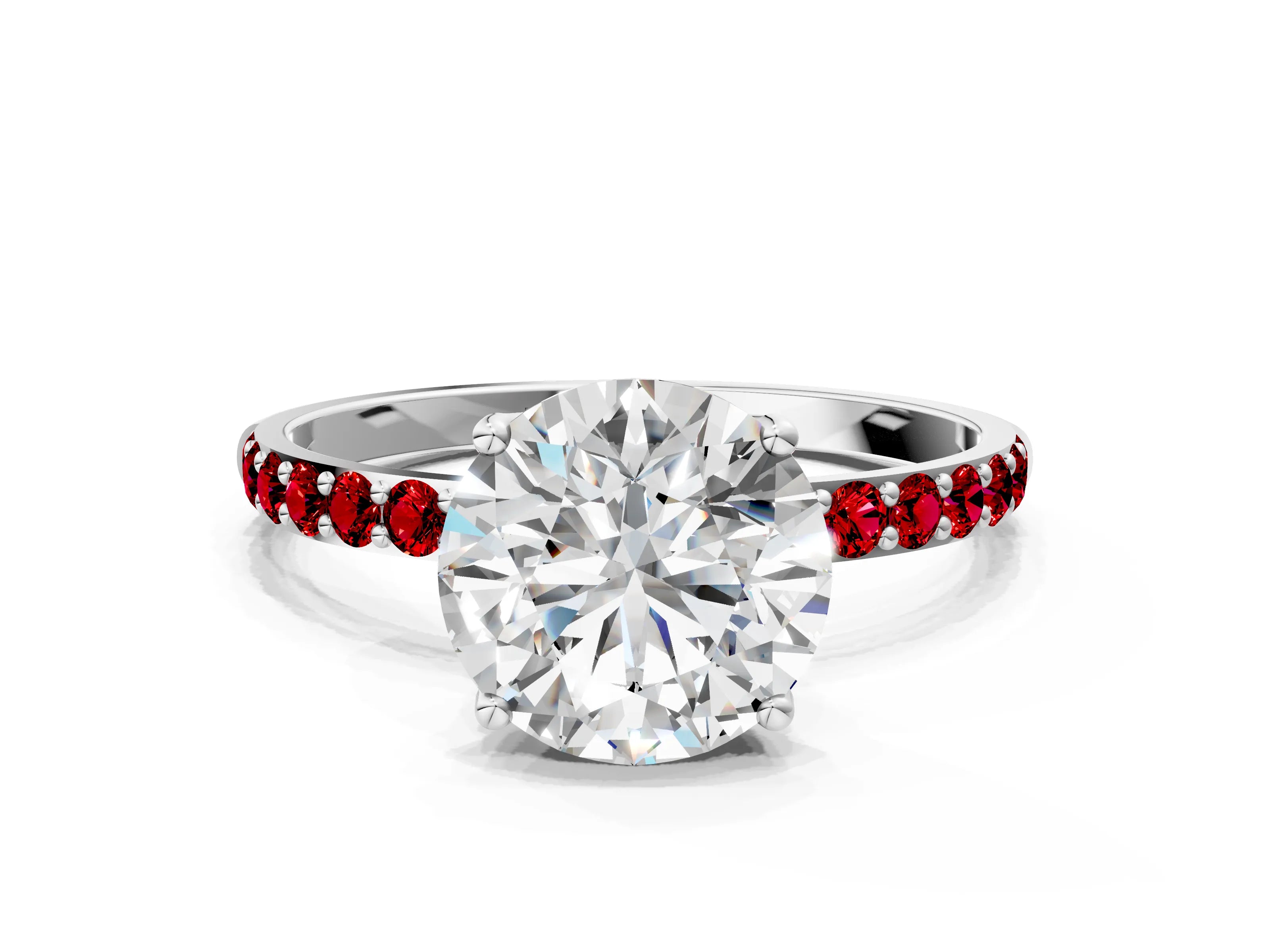 White gold Round Cut Diamond Solitaire Engagement Ring with Round with Ruby side stone Pavé Band and Prong Setting_18