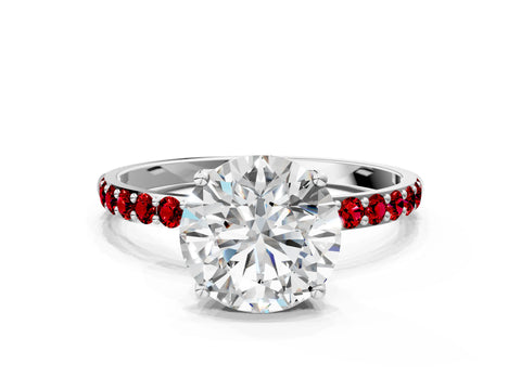 White gold Round Cut Diamond Solitaire Engagement Ring with Round with Ruby side stone Pavé Band and Prong Setting_18