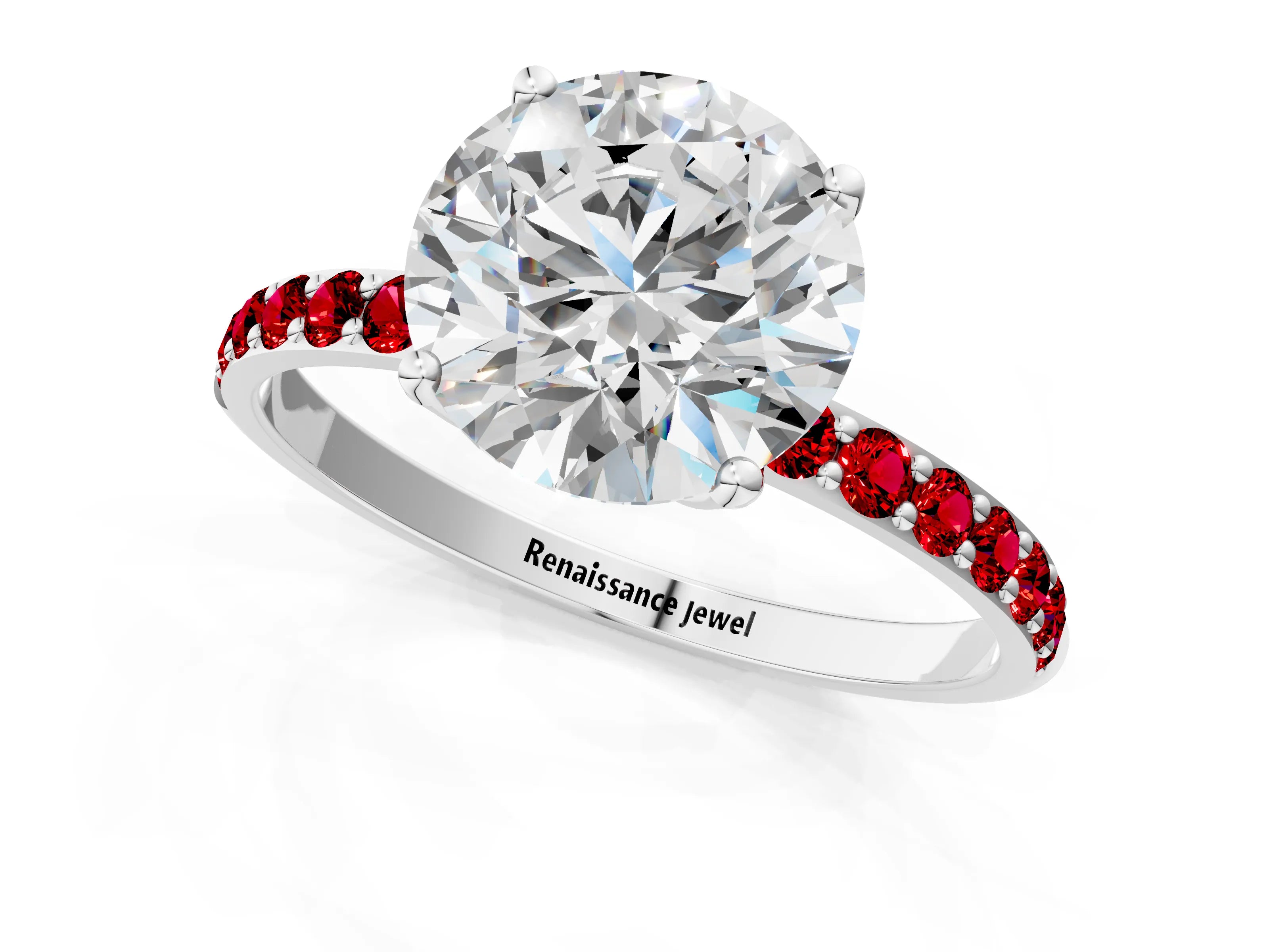 White gold Round Cut Diamond Solitaire Engagement Ring with Round with Ruby side stone Pavé Band and Prong Setting_19