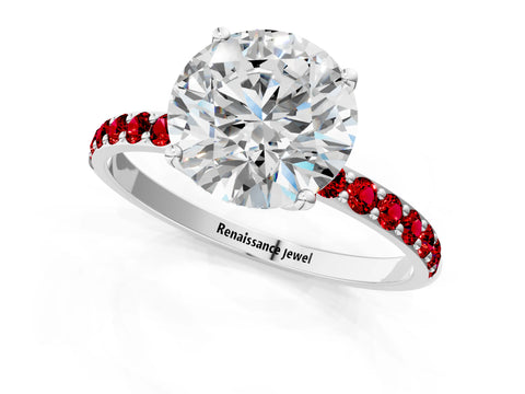 White gold Round Cut Diamond Solitaire Engagement Ring with Round with Ruby side stone Pavé Band and Prong Setting_19