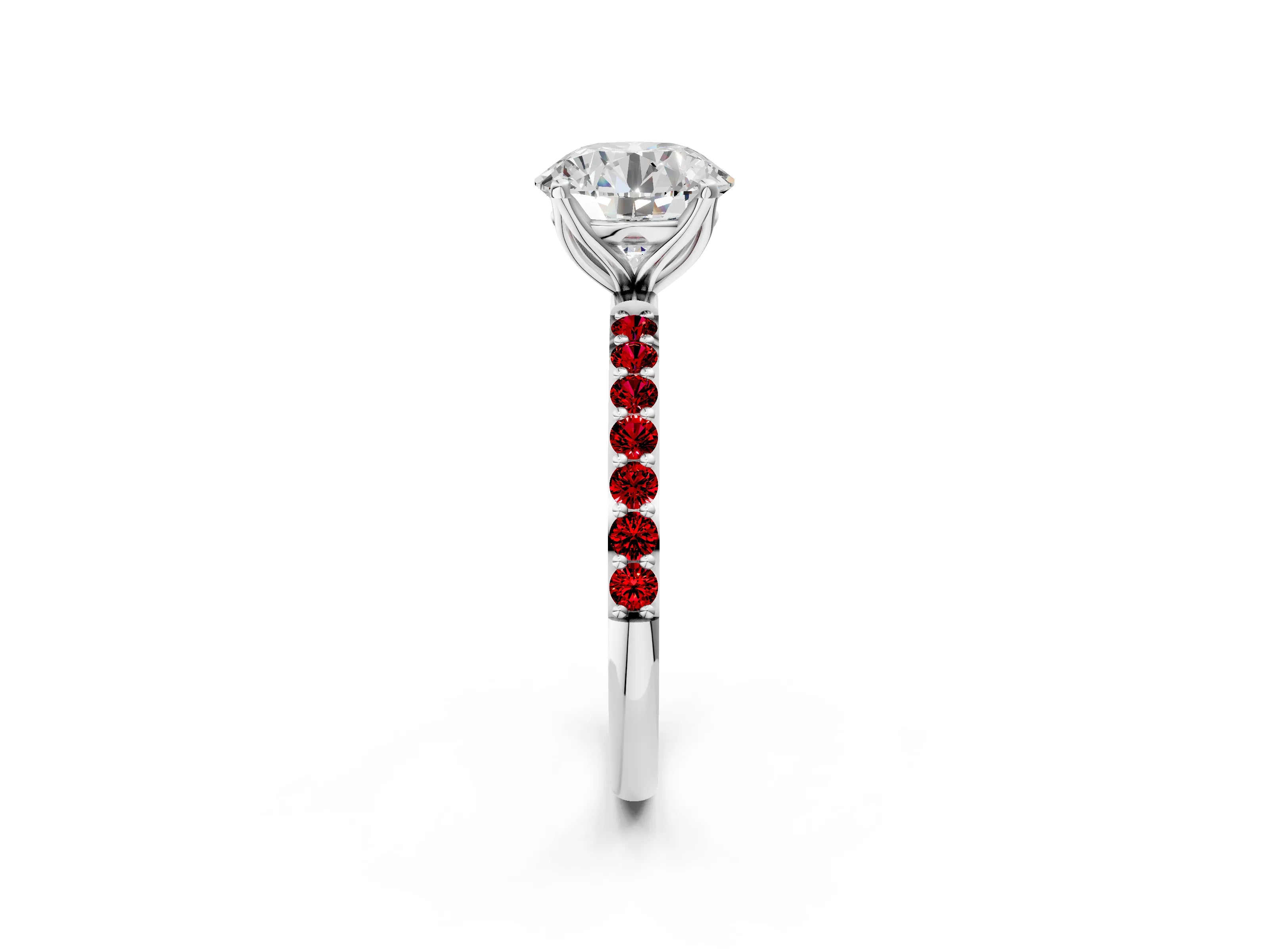 White gold Round Cut Diamond Solitaire Engagement Ring with Round with Ruby side stone Pavé Band and Prong Setting_20