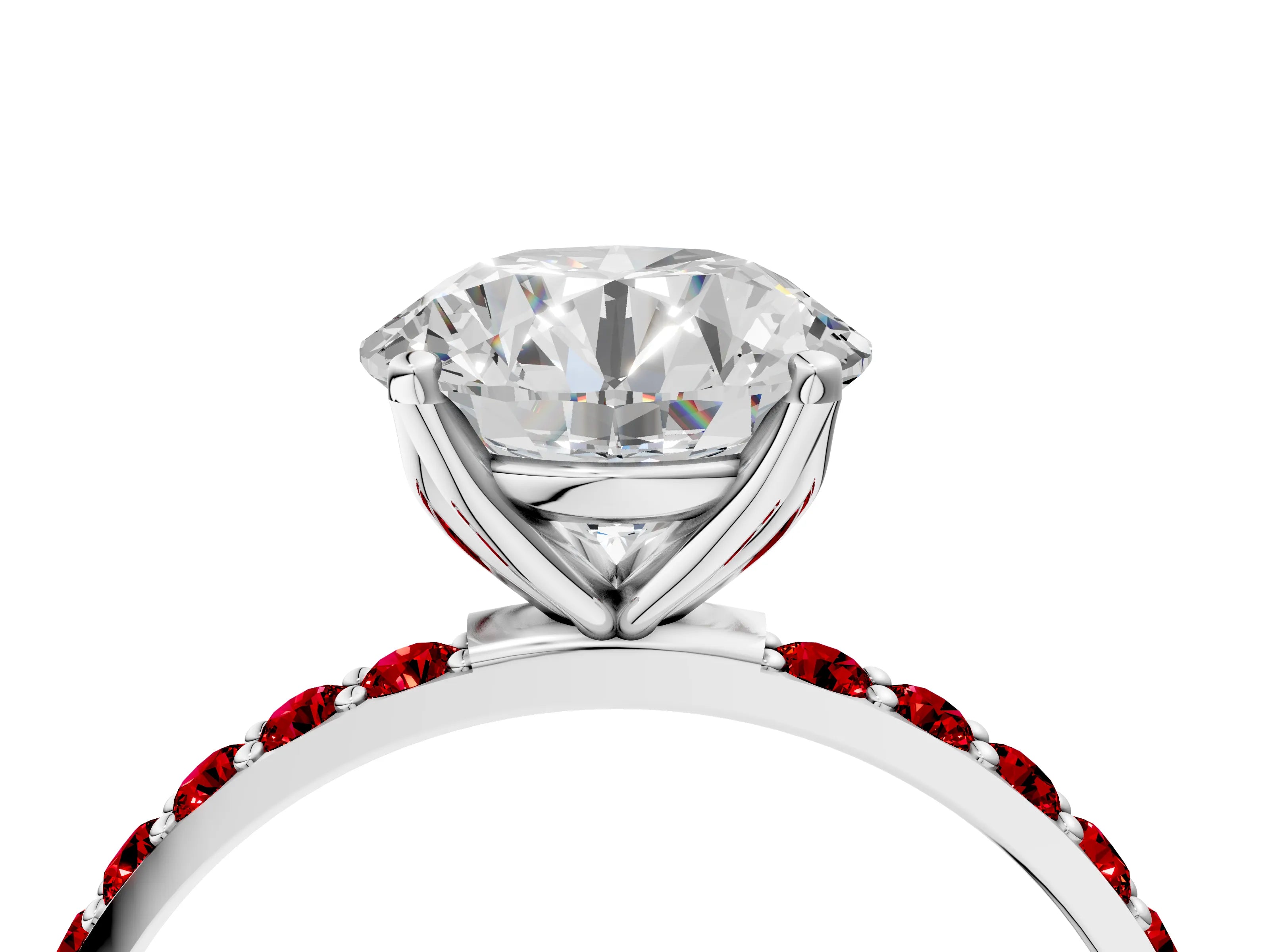 White gold Round Cut Diamond Solitaire Engagement Ring with Round with Ruby side stone Pavé Band and Prong Setting_22