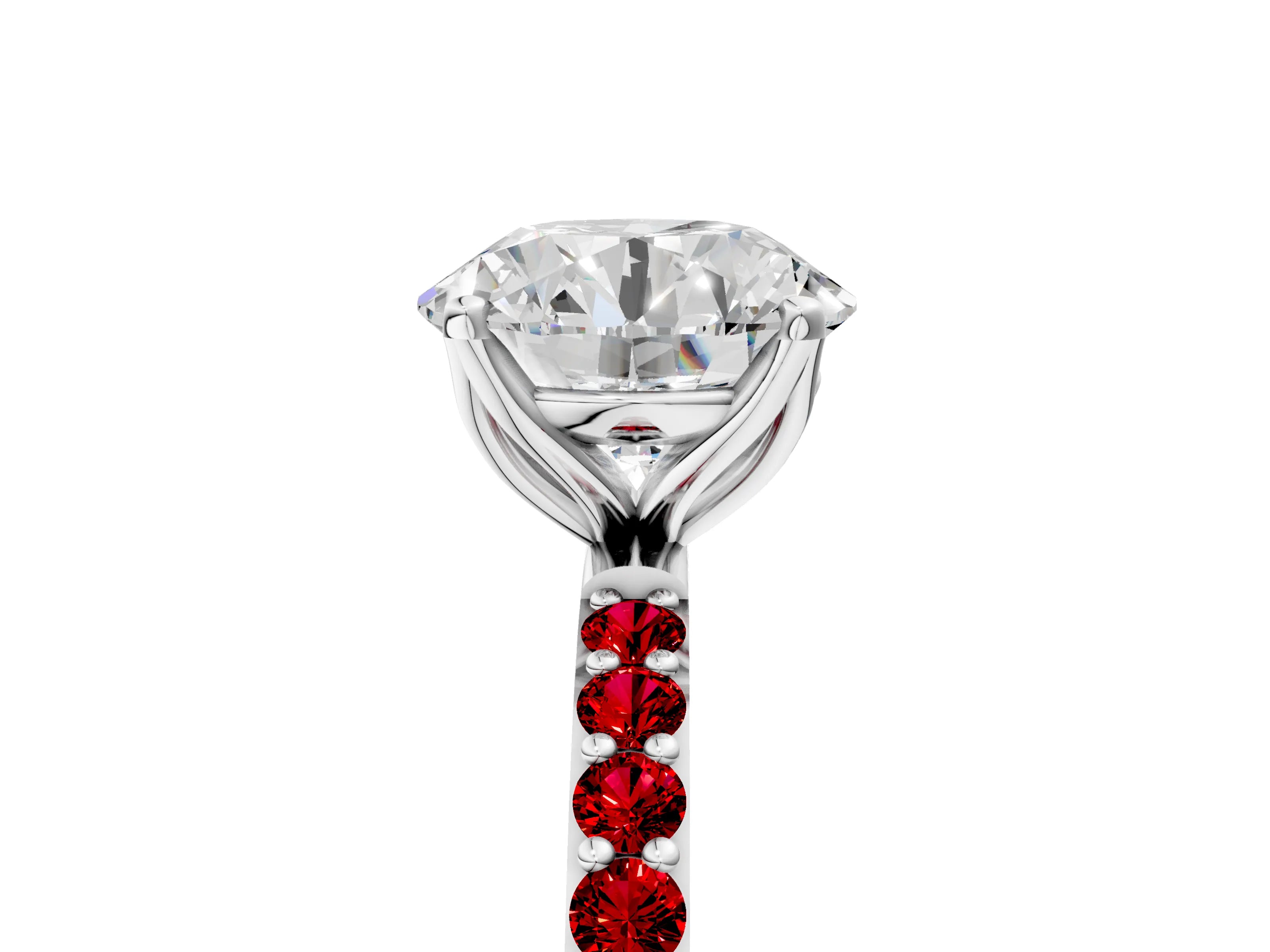 White gold Round Cut Diamond Solitaire Engagement Ring with Round with Ruby side stone Pavé Band and Prong Setting_23