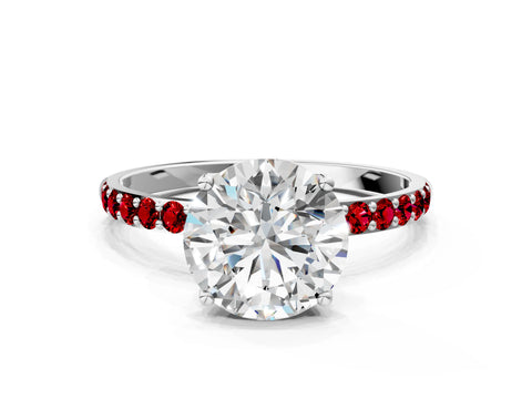 White gold Round Cut Diamond Solitaire Engagement Ring with Round with Ruby side stone Pavé Band and Prong Setting_90