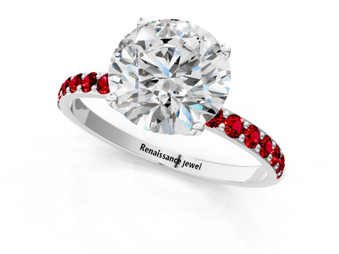 White gold Round Cut Diamond Solitaire Engagement Ring with Round with Ruby side stone Pavé Band and Prong Setting_91