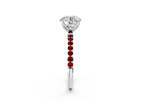 White gold Round Cut Diamond Solitaire Engagement Ring with Round with Ruby side stone Pavé Band and Prong Setting_92