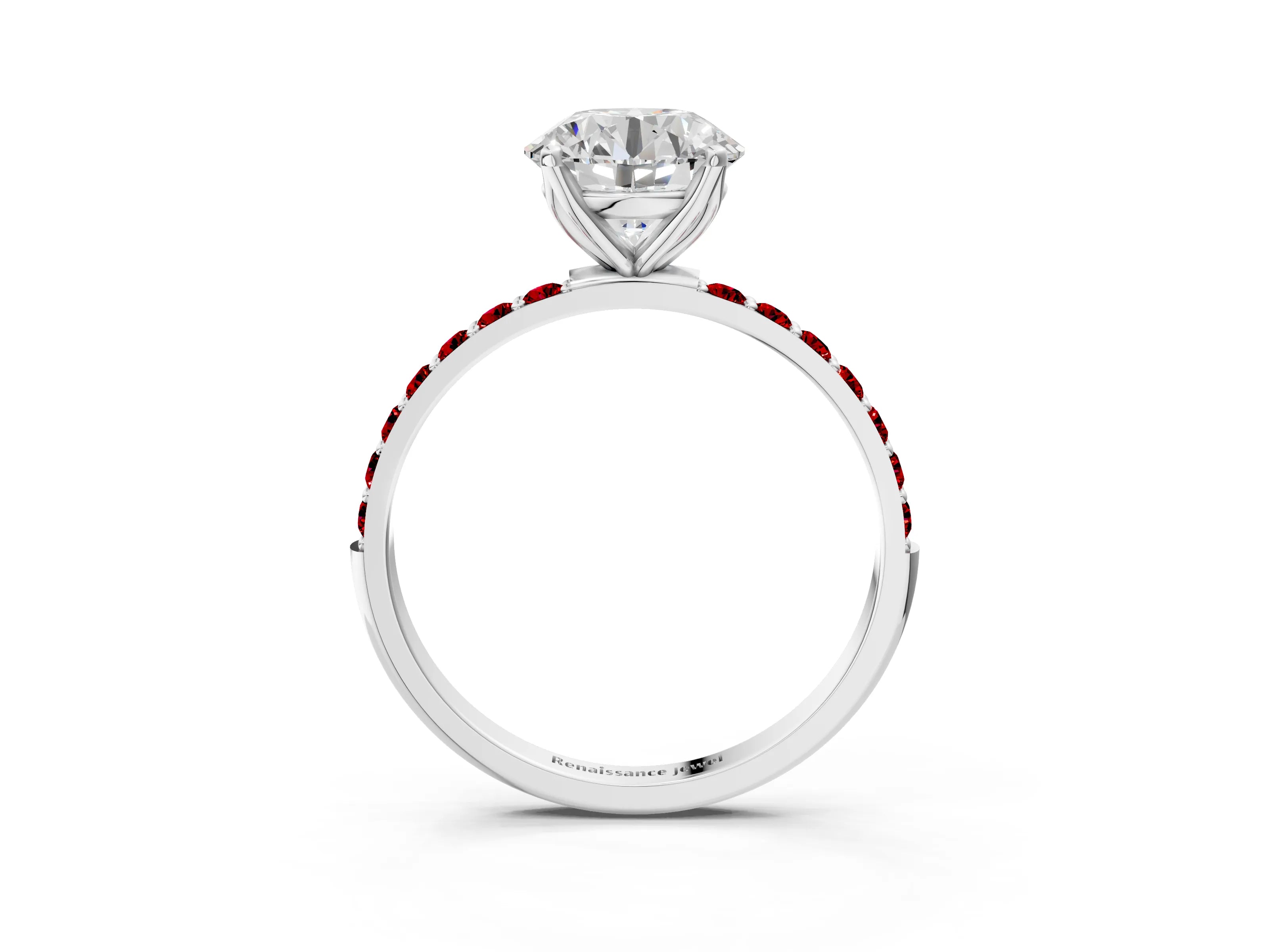 White gold Round Cut Diamond Solitaire Engagement Ring with Round with Ruby side stone Pavé Band and Prong Setting_93