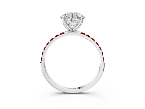 White gold Round Cut Diamond Solitaire Engagement Ring with Round with Ruby side stone Pavé Band and Prong Setting_93