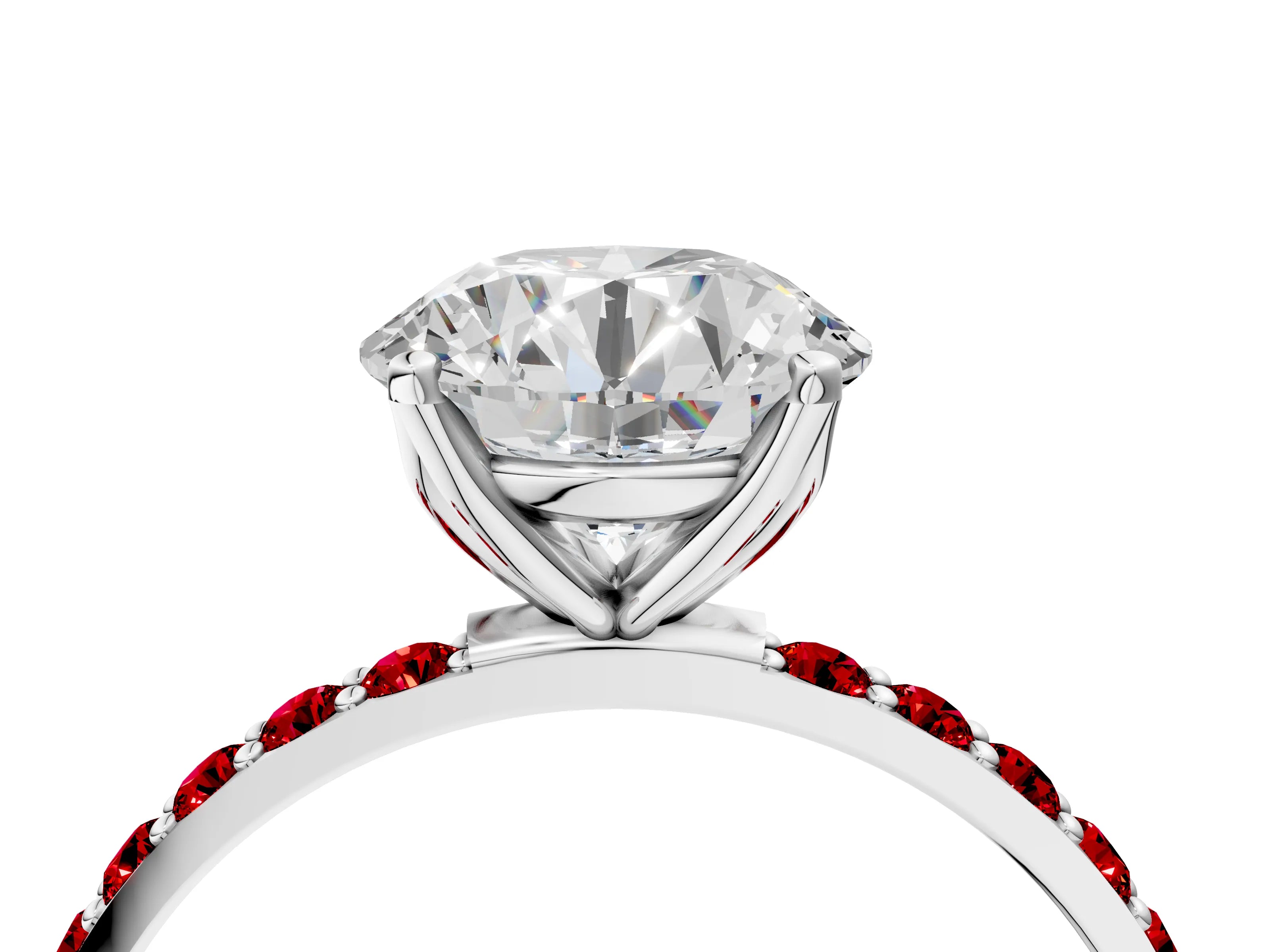 White gold Round Cut Diamond Solitaire Engagement Ring with Round with Ruby side stone Pavé Band and Prong Setting_94