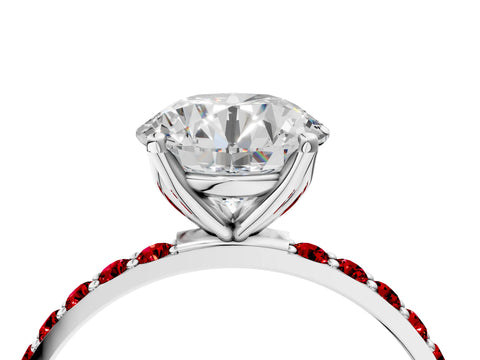 White gold Round Cut Diamond Solitaire Engagement Ring with Round with Ruby side stone Pavé Band and Prong Setting_94