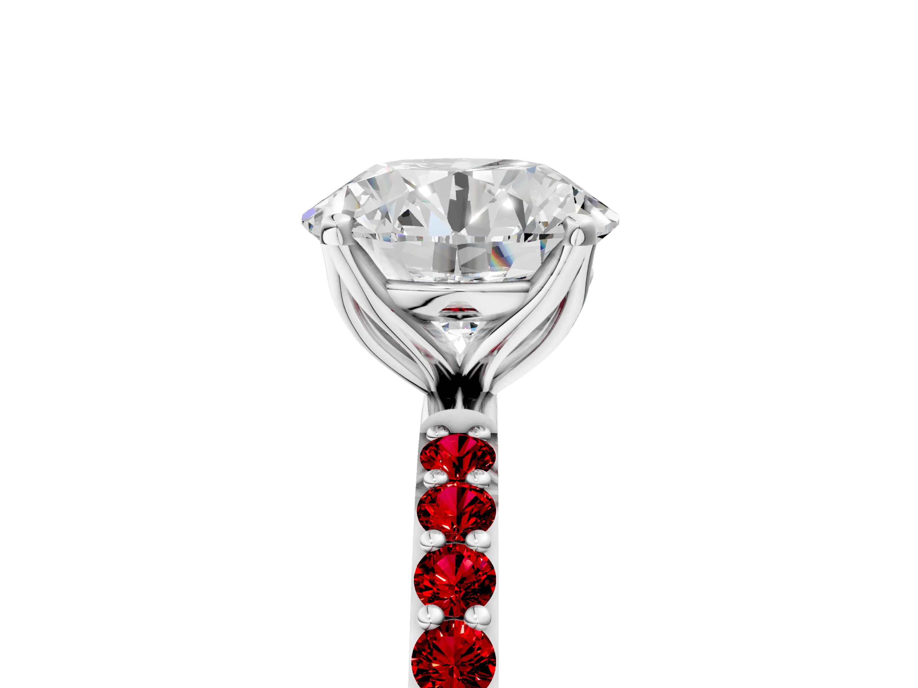 White gold Round Cut Diamond Solitaire Engagement Ring with Round with Ruby side stone Pavé Band and Prong Setting_95